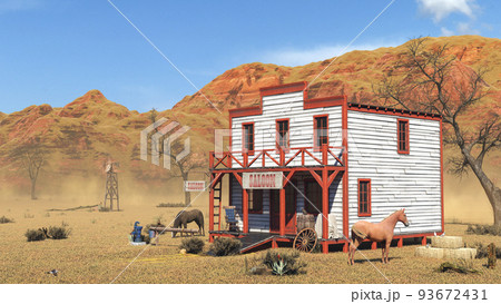 Old vintage western saloon isolated on the field in Wild West, 3d rendering Old vintage western saloon isolated on the field in Wild West, 3d rendering 93672431