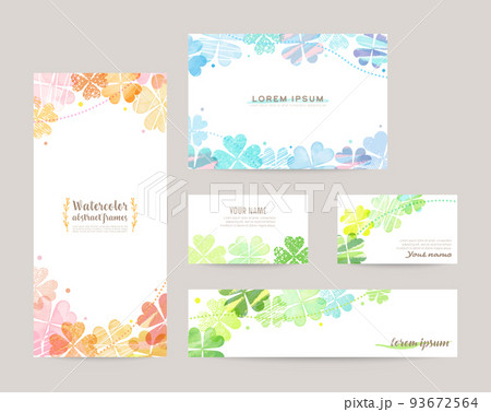 水彩デコレーションのテンプレセット（A4三つ折りリーフレット・はがき・名刺・バナー）クローバー 93672564