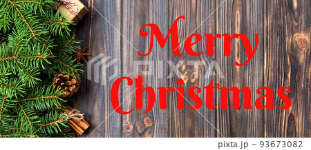 Merry Christmas text. Christmas background with copy space, banner top view. holiday concept for you design Merry Christmas text. Christmas background with copy space, banner top view. holiday concept for you design 93673082