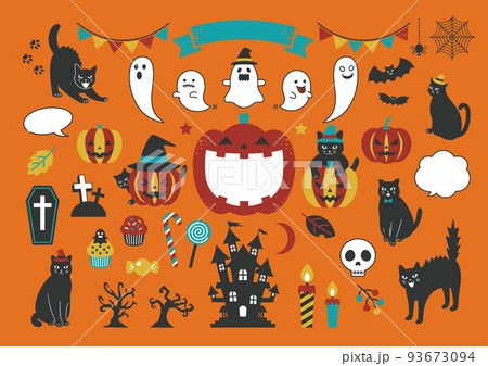 黒猫とハロウィンのイラストセット 93673094