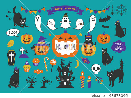 黒猫とハロウィンのイラストセット 黒猫とハロウィンのイラストセット 93673096