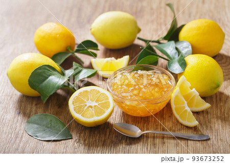 bowl of lemon's jam with fresh fruits bowl of lemon's jam with fresh fruits 93673252