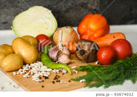 Ingredients for cooking the national Ukrainian dish - borscht. Ingredients for cooking the national Ukrainian dish - borscht. 93674032