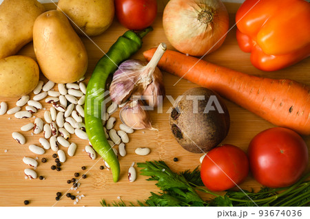 Ingredients for cooking the national Ukrainian dish - borscht. Ingredients for cooking the national Ukrainian dish - borscht. 93674036