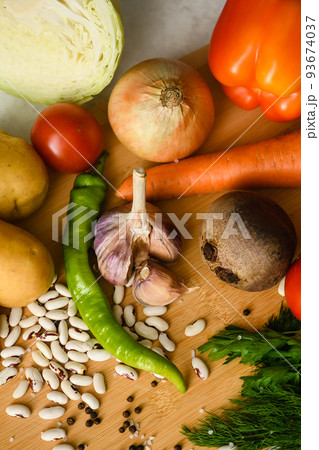 Ingredients for cooking the national Ukrainian dish - borscht. Ingredients for cooking the national Ukrainian dish - borscht. 93674037