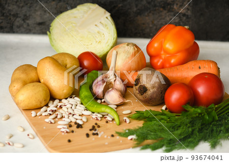 Ingredients for cooking the national Ukrainian dish - borscht. Ingredients for cooking the national Ukrainian dish - borscht. 93674041