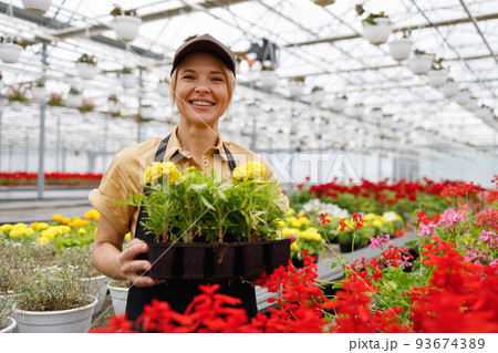 Female florist greenhouse worker holding flowers 93674389