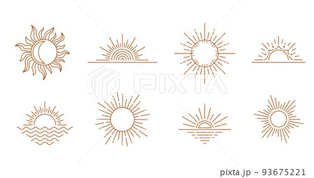Sun logo design in simple modern line style. Boho element vector set with minimal sunset, sunrise, sunshite. Mystic magic esoteric symbol 93675221