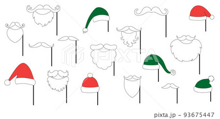 Christmas Santa hats, moustache, beard set for photo prop box. Vector stock outline illustration isolated on white background for photo booth winter holiday industry. EPS10 93675447