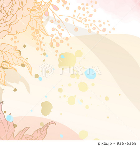 Golden abstract trendy square background with watercolor blots, branches, tropical leaves and cotton. Background for a minimalist style mobile app, beauty salon. vector illustration. Golden abstract trendy square background with watercolor blots, branches, tropical leaves and cotton. Background for a minimalist style mobile app, beauty salon. vector illustration. 93676368