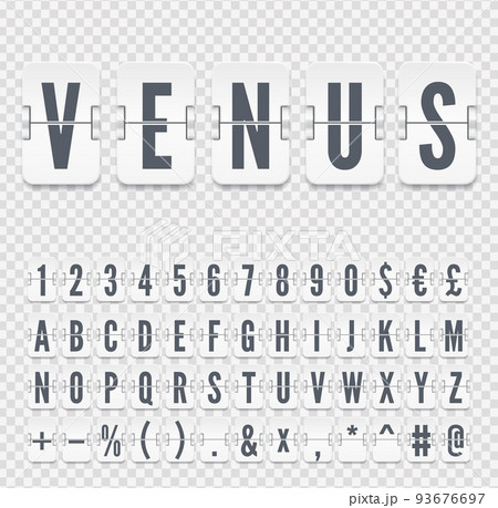 Space airport flip board font for flight arrival information and timetable vector illustration. White terminal mechanical scoreboard bold alphabet for travel schedule 93676697
