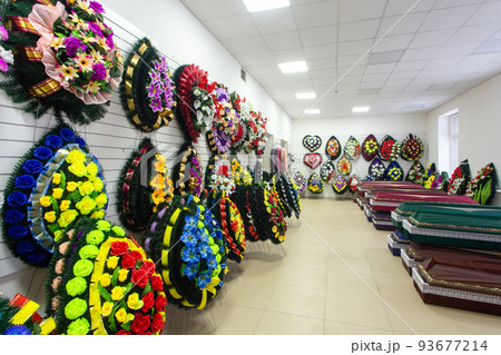 Interior of room with funeral accessories. Interior of room with funeral accessories. 93677214