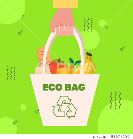 hand holding shopping grocery eco bag full of fruits eco friendly mesh shopper zero waste plastic free concept hand holding shopping grocery eco bag full of fruits eco friendly mesh shopper zero waste plastic free concept 93677556