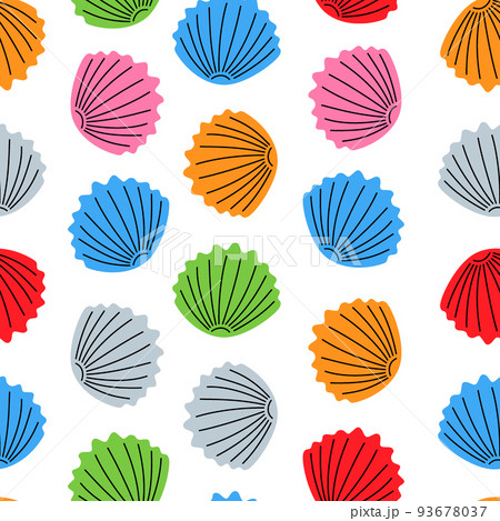 Scallop sea shell seamless pattern. Colored seashell background. Scallop seashell hand drawn pattern Scallop sea shell seamless pattern. Colored seashell background. Scallop seashell hand drawn pattern 93678037