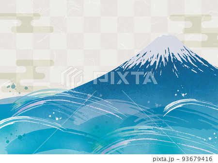 青い富士山と海の波水彩画 93679416