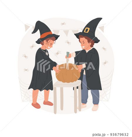 Pumpkin carving isolated cartoon vector illustration. Smiling kids making pumpkin carving, public holiday celebration, traditional Halloween activity, spooky spirit vector cartoon. 93679632
