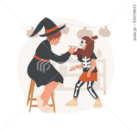 Face painting isolated cartoon vector illustration. Family in carnival costumes preparing for Halloween celebration and doing holidays makeup, mother painting daughters face vector cartoon. 93679633