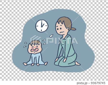 夜泣きする赤ちゃんと困ったお母さん 夜泣きする赤ちゃんと困ったお母さん 93679745