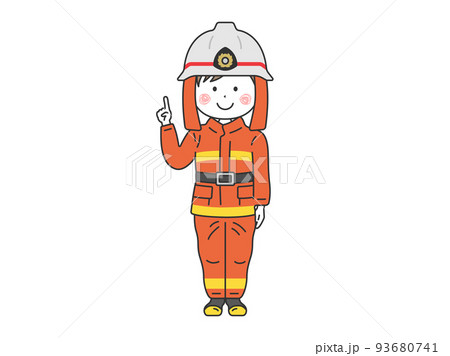 指を指して説明する、消防隊員の男性のイラスト 93680741