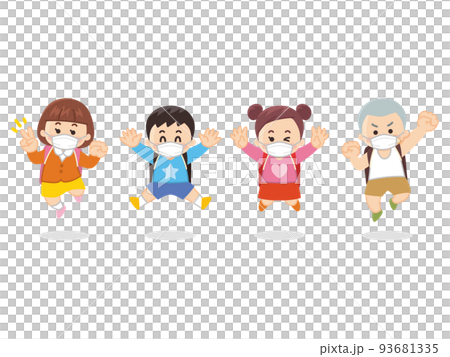 マスクを付けた小学生がジャンプしている 93681335