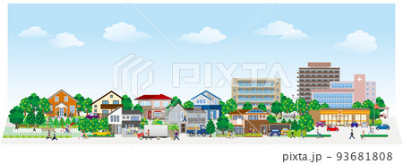 街並みを歩く人々のベクターイラスト. 線画のイラスト. 93681808