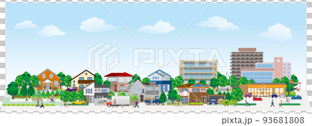 街並みを歩く人々のベクターイラスト. 線画のイラスト. 93681808