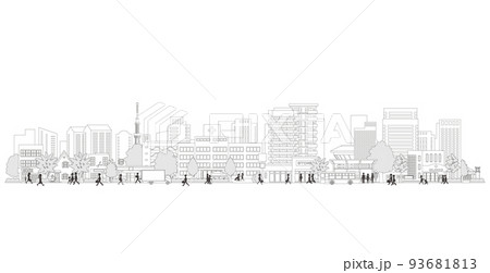 街並みを歩く人々のベクターイラスト. 線画のイラスト. 93681813