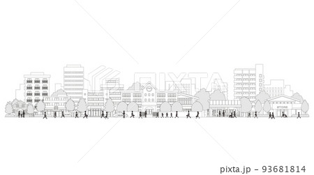 街並みを歩く人々のベクターイラスト. 線画のイラスト. 93681814