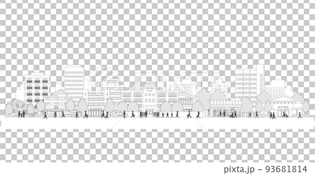 街並みを歩く人々のベクターイラスト. 線画のイラスト. 93681814