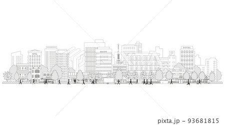 街並みを歩く人々のベクターイラスト. 線画のイラスト. 街並みを歩く人々のベクターイラスト. 線画のイラスト. 93681815