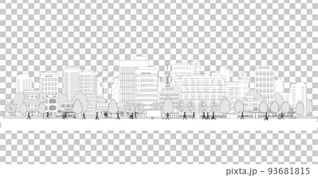 街並みを歩く人々のベクターイラスト. 線画のイラスト. 街並みを歩く人々のベクターイラスト. 線画のイラスト. 93681815