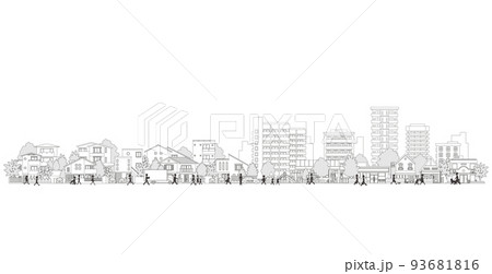 街並みを歩く人々のベクターイラスト. 線画のイラスト. 93681816