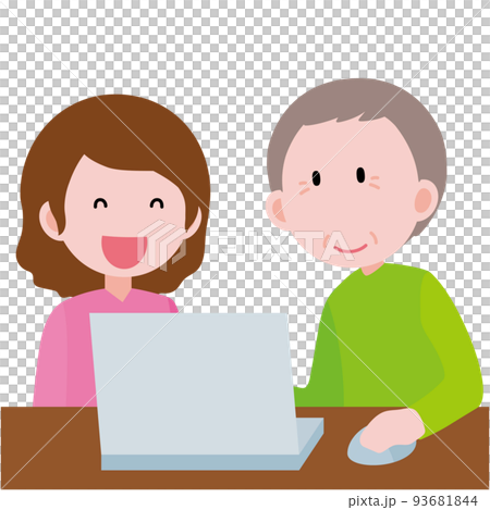 Illustration of an elderly man (male) learning to use a computer Illustration of an elderly man (male) learning to use a computer 93681844