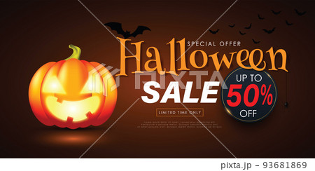 Halloween 50% off. Sale Promotion Poster or banner with Halloween Pumpkin. Vector illustration eps 10 Halloween 50% off. Sale Promotion Poster or banner with Halloween Pumpkin. Vector illustration eps 10 93681869