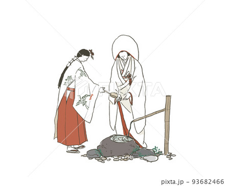 ひしゃくで白無垢(綿帽子)の女性の手に水をかける巫女、手水の儀(ちょうずのぎ)、神前式、 ひしゃくで白無垢(綿帽子)の女性の手に水をかける巫女、手水の儀(ちょうずのぎ)、神前式、 93682466