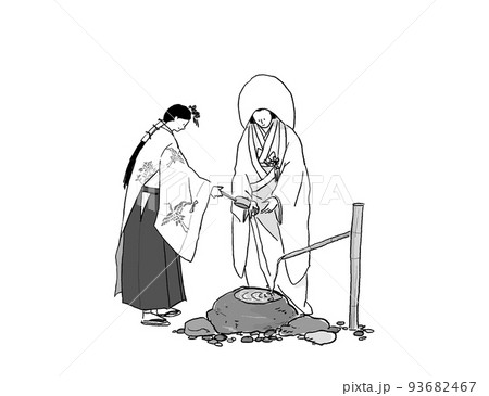 ひしゃくで白無垢（綿帽子）の女性の手に水をかける巫女、手水の儀(ちょうずのぎ)、神前式、モノトーン、 93682467