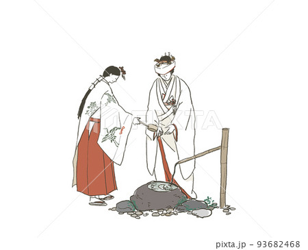 ひしゃくで白無垢(角隠し)の女性の手に水をかける巫女、手水の儀(ちょうずのぎ)、神前式、 ひしゃくで白無垢(角隠し)の女性の手に水をかける巫女、手水の儀(ちょうずのぎ)、神前式、 93682468