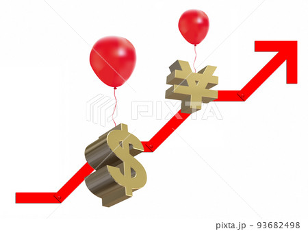 赤い風船に吊るされて上昇する通貨記号と赤い矢印の3dイラストレーション 93682498