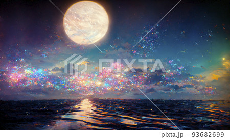 夜空に光輝く星々　月　黄金のビーチ「AI生成画像」 93682699