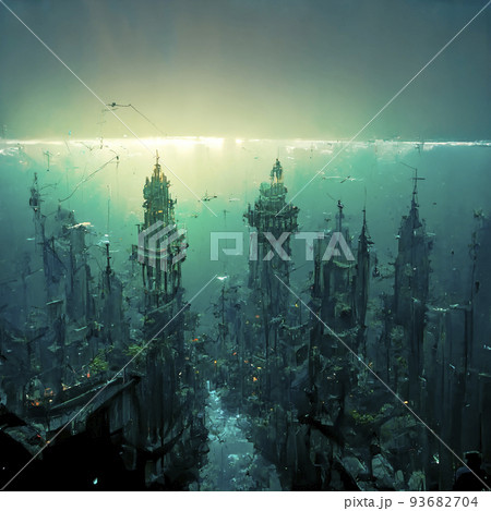 海の底にある海底都市 混沌とした海 のイラスト素材