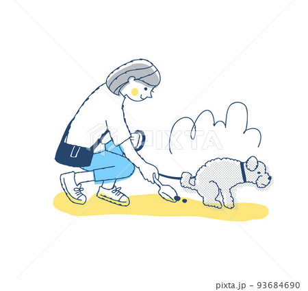 散歩中に犬のフンを拾う女性 93684690