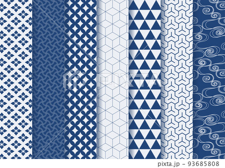 和柄セット イラスト 紺色:  花菱 分銅繋ぎ 七宝 麻の葉 鱗 毘沙門亀甲 波 93685808