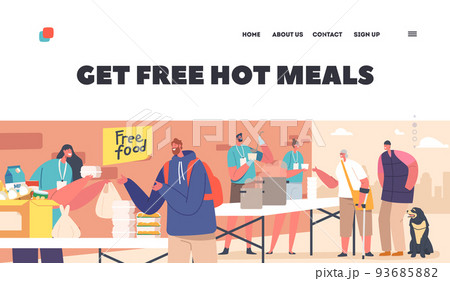 Poor People Get Free Hot Meals Landing Page Template. Volunteers Distribute Food at Shelter Helping Bums, Refugees Poor People Get Free Hot Meals Landing Page Template. Volunteers Distribute Food at Shelter Helping Bums, Refugees 93685882