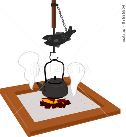 鉄瓶を吊り下げた囲炉裏 鉄瓶を吊り下げた囲炉裏 93686904