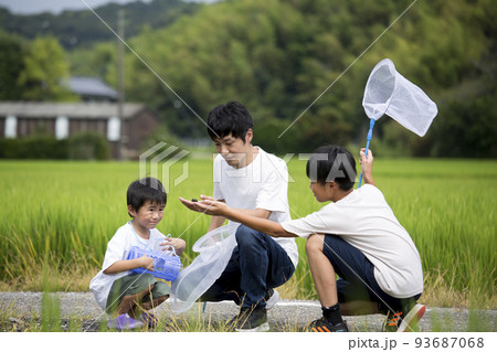 夏休み　帰省先の田舎で昆虫採取する親子　田んぼのあぜ道で撮影　トンボ採り 93687068