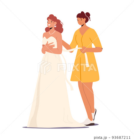 Girl Friend Help Beautiful Bride to Lace Dress before Wedding Ceremony , Marriage Event Isolated on White Background 93687211