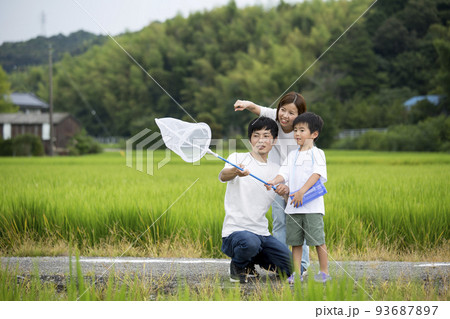夏休み　帰省先の田舎で昆虫採取する親子　田んぼのあぜ道で撮影　トンボ採り 93687897