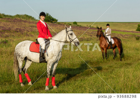 Horseback riders. Two attractive women ride horses on a green meadow Horseback riders. Two attractive women ride horses on a green meadow 93688298