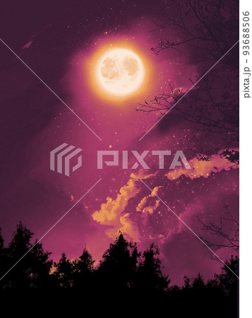 神秘的な深い森の夜景と大きな美しい満月が輝くファンタジックハロウィン背景イラスト 神秘的な深い森の夜景と大きな美しい満月が輝くファンタジックハロウィン背景イラスト 93688506