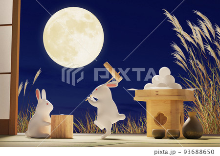 満月の夜に杵で餅をつく白うさぎ / 十五夜・中秋の名月・お月見の
